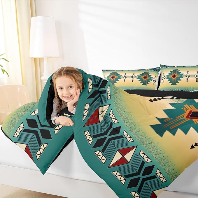 Erosebridal Boys Western Aztec Bedding Set Toddler Size, Native Tribal Ethnic Comforter Set Farmhouse Boho Geometric Duvet Insert Southwestern Ethnic American Native Quilt for Adult Men,Green Yellow
