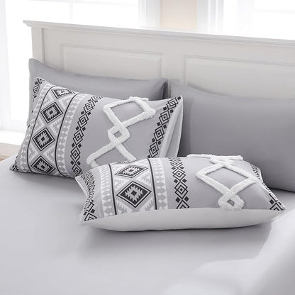 MOVE OVER Gray Tufted Comforter Set Queen Size 5 Pieces Bohemian Style Geometric Tufted Bedding Set Farmhouse Boho Aztec Comforter Set with 2 Decor Pillow Covers for Room Decor