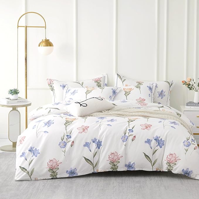 Natural Cotton 3pcs Floral Comforter Sets King Size - White Comfoter with Blush,Blue & Beige Floral Prints, Neutural Refresh Lightweight Bedding Sets(King 104"×90")