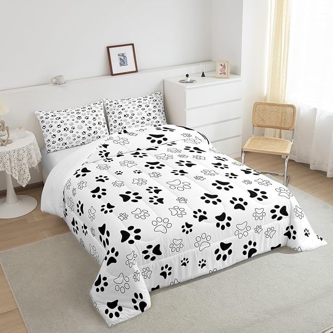 Manfei Dog Paw Print Comforter Set King Size, White and Black Animal Footprint Down Comforter, Animal Theme Bedding Set for Kids Boys Girls Room Decor, Lightweight Duvet Insert,2 Pillowcases