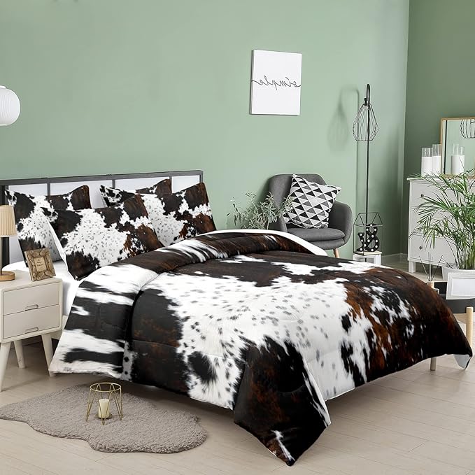 Tailor Shop Black White Cow Print Comforter Set Full, Western Farmhouse Cow Print Bedding in A Bag, Rustic Cowhide Comforter Set with 2 Matching Pillowcases Bedroom Decor…