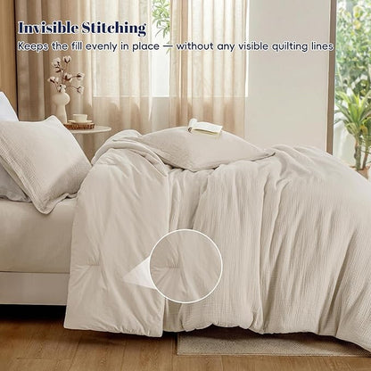 PHF Cotton Muslin Comforter Set King – 100% Cotton Cover, Ultra Soft & Breathable, 3PCS Lightweight All-Season Bedding with Polyester Fill, 1 Comforter 104"x90" & 2 Pillow Shams 20"x36", Natural