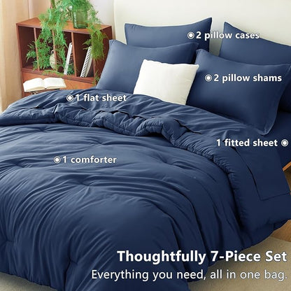 CozyLux King Comforter Set Navy Blue, 7 Pieces Bed in a Bag Bedding Comforter Set with Sheets, All Season Boho 7PC Bed Sets with Comforter, Fitted Sheets, Flat Sheets, Pillow Shams and Pillowcases