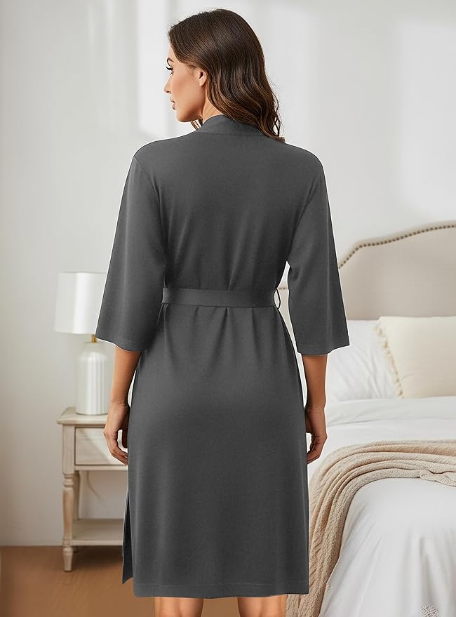 NY Threads Women's Robe Long Knit Bathrobe 3/4 Sleeves Soft Kimono Lightweight Loungewear