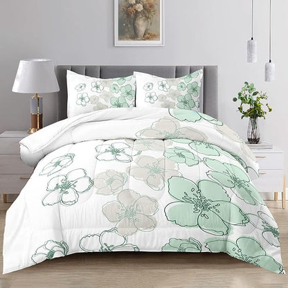 Raphus cucullatus Floral Comforter Set King Size,Green Flower Bedding Set,Botanical Bedding Pretty Floral Comforter Set,Flower Quilt King Size