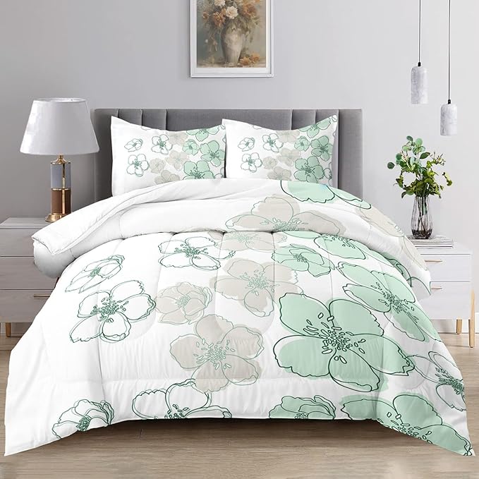 Raphus cucullatus Floral Comforter Set Queen Size,Green Flower Bedding Set,Botanical Bedding Pretty Floral Comforter Set,Flower Quilt Queen Size