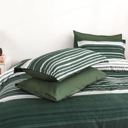 KAKIJUMN 7 Piece Bed in a Bag Stripe Comforter Set Queen Size, White Grey Green Patchwork Striped Comforter and Sheet Set, All Season Soft Microfiber Complete Bedding Sets(Dark Green,Queen)