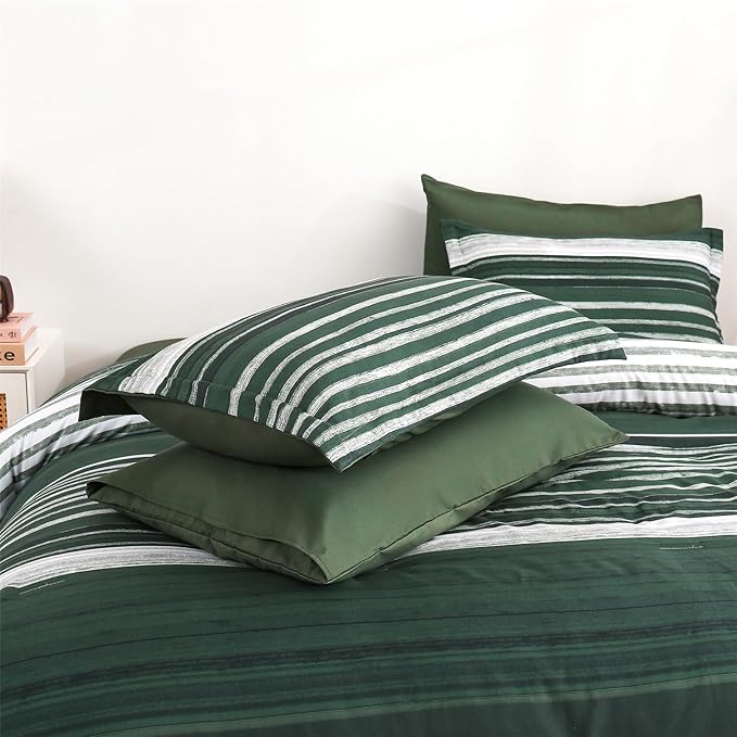 KAKIJUMN 7 Piece Bed in a Bag Stripe Comforter Set King Size, White Grey Green Patchwork Striped Comforter and Sheet Set, All Season Soft Microfiber Complete Bedding Sets(Dark Green,King)