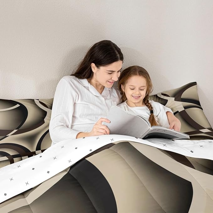 Castle Fairy Circle Geometric Comforter Set Khaki Black Brown Swirls Bedding Set for Kids Girls Women Adults Abstract Stripes Comforter Retro Style Quilted Duvet Set Bedroom Collection Twin Size 2Pcs