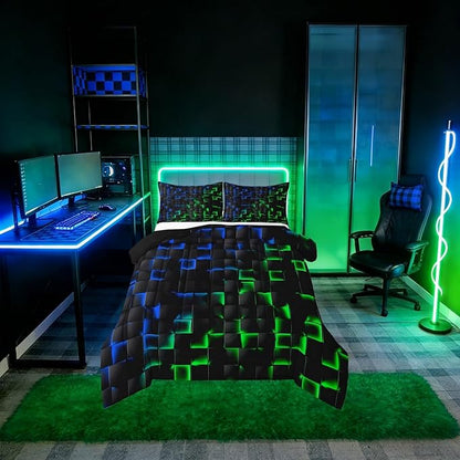 Erosebridal Geometric Checkered Comforter Set Twin Neon Blue Green Bedding Set for Kids Boys Teen Gamer Room Decor,Abstract Ombre Plaid Comforter Grids Quilt Duvet Black