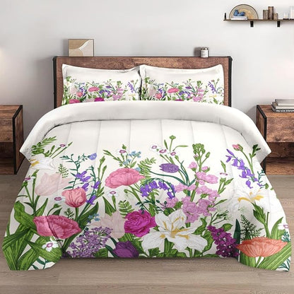 Comforter Set Queen Size, Floral Spring Summer 3 Pcs Soft Bedding Set for Kids and Adults, Flower Botanical Tulip Comforter Set with 2 Pillowcases, for Bedroom Bed Decor