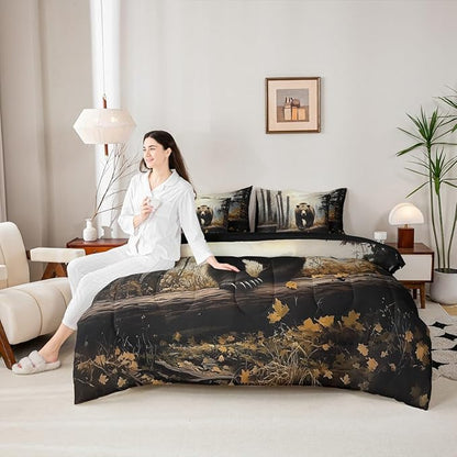 Erosebridal Nature Forest Bear 7- Piece Bedding Set Full Size | Grizzly Brown Bear Comforter Set with Sheets for Kids Teens Adults Woodland Wild Animal Bed in A Bag Country Rustic Farmhouse Bed Sets