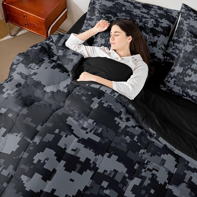 Miner Theme 7 Piece Comforter Set Queen Size,Grey Black Camo All Season Reversible Bed in a Bag Pixel Grid Bedding Sets Abstract Geometric Flat Sheet,Fitted Sheet,Pillowcases
