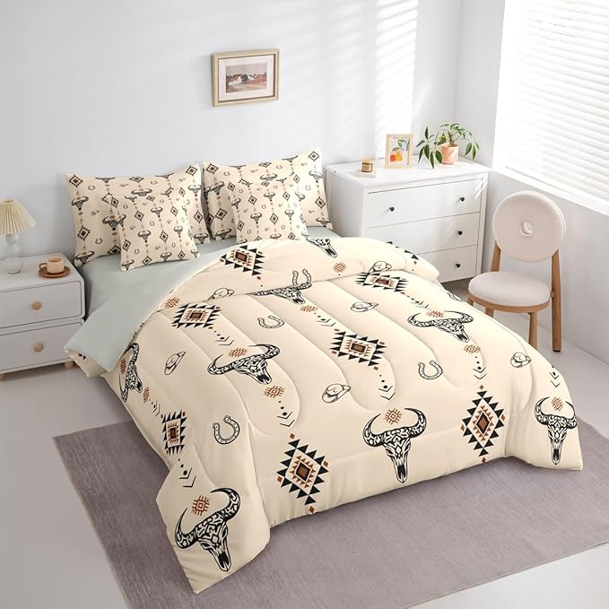 Erosebridal Bull Skull 7 Piece Bedding Set King Aztec Comforter Set with Sheets Southwest Horseshoe Cowboy Hat Dot Bed in a Bag Western Arrow Geometric Brown for Teens Men Women