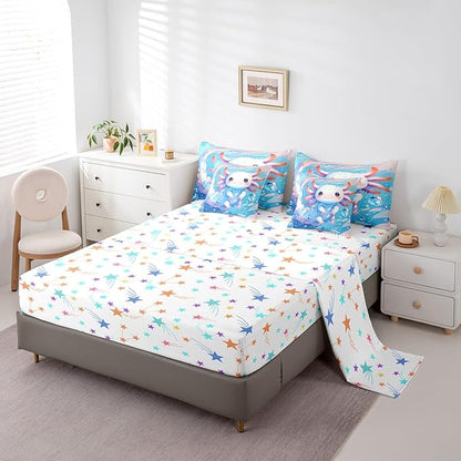 Feelyou Cartoon Salamander Twin Comforter Set with Sheets for Kids Boys Girls Cute Axolotl 7 Pieces Bedding Set Kawaii Ocean Sealife Bed in a Bag Gift for Girls Women Room Lightweight Microfiber