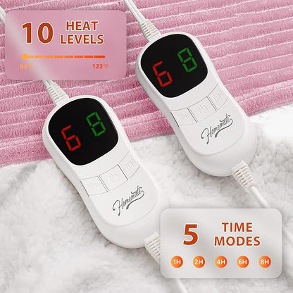 Homemate Electric Heated Blanket King Size - 100"x90" Heating Blanket King Size Dual Control 1/2/4/6/8 Hours Auto-Off 10 Heat Level Over-Heat Protection Soft Flannel Sherpa ETL Certification