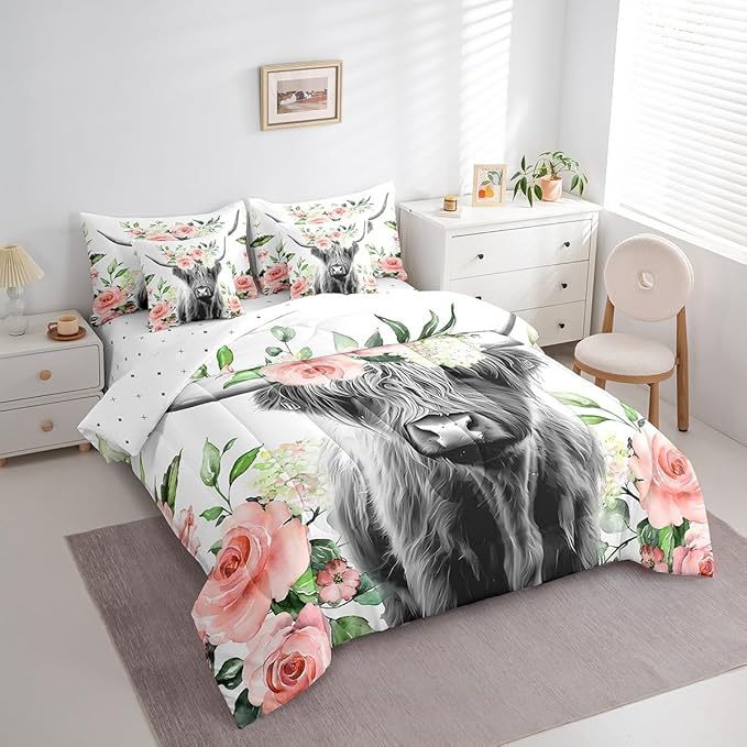 Feelyou Highland Cow Bed in a Bag Kids Rose Floral Bull Cattle Bedding Set Girls Western Comforter Set King Size 7 Pieces Farmhouse Bed Set with Comforter, Sheet Set, Pillowcases, Pillow Covers