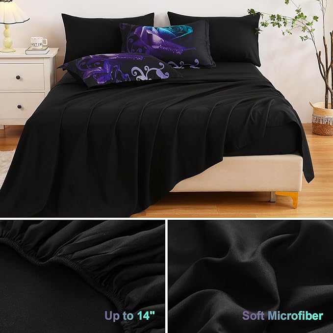 WONGS BEDDING Queen Comforter Set -7 Pieces, Reversible Teal & Purple Rose Bed in a Bag Queen, Lightweight Soft Microfiber Bedding Sets with Flat Sheet, Fitted Sheet, Pillowcases & Shams