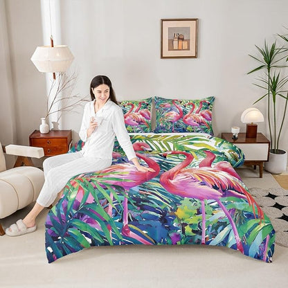 Erosebridal Flamingo Comforter Set King Size, Tropical Leaves Room Decor Down Comforter, Palm Tree Pattern Quilted Duvet, Colorful Comforter Set, with 2 Pillow Cases,Super Soft Breathable