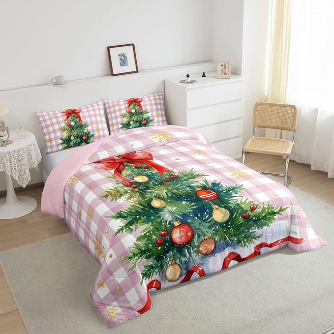 Watercolor Christmas Tree Comforter Set Queen Size,Pink Grid Patchwork Bedding Set 3Pcs for Kids Girls Boys Women Room Decor,Gold Snowflake Quilt Set Winter New Year Duvet Insert,2 Pillowcases