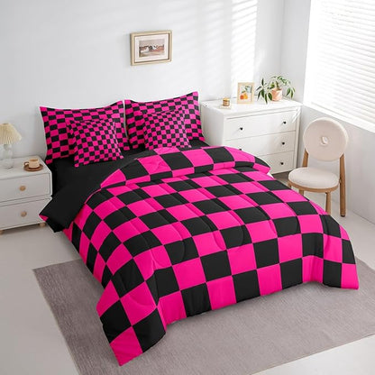 Feelyou Checkered 7 Piece Bedding Set Teen Dark Red Black Plaid Comforter Set with Sheets Twin Size Kids Boys Cute Retro Neutral Checkerboard Geometric Bed in a Bag Vintage Aesthetic Room Decor