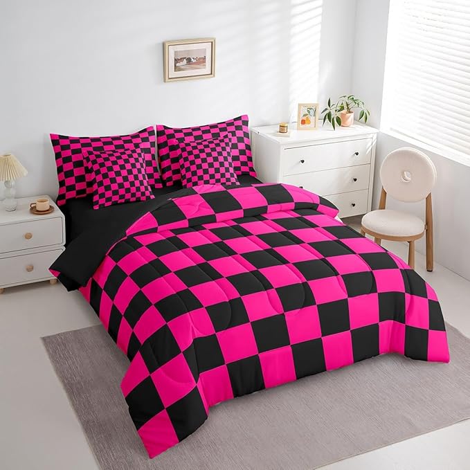 Feelyou Checkered 7 Piece Bedding Set Teen Dark Red Black Plaid Comforter Set with Sheets Full Size Kids Boys Cute Retro Neutral Checkerboard Geometric Bed in a Bag Vintage Aesthetic Room Decor