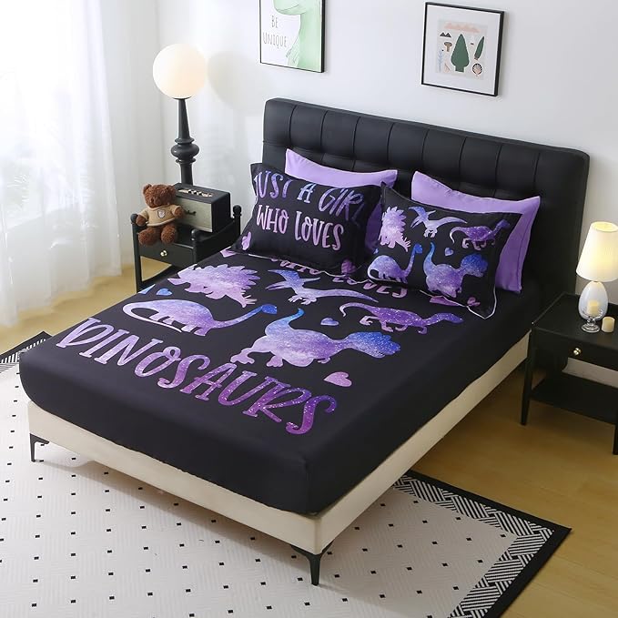 7 Piece Girls Dinosaur Comforter Set Queen Size Violet Dinonsaur Soft Microfiber Bed in A Bag with Comforter,Sheet Set,Pillowcase and Sham for Child Teens All Season