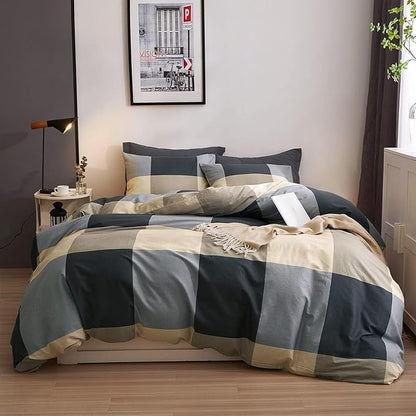 VM VOUGEMARKET King Comforter Set Black Grey Plaid Bedding Comforter with 2 Pillowcases Modern Cozy Lightweight Soft Geometric Comforter Set for Adults