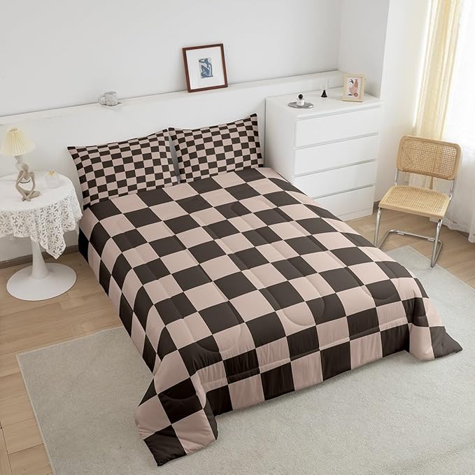 Feelyou Checkered Retro Bedding Set Teen Women Men Gradient Brown Plaid Comforter Set Toddler Size Kids Boys Girls Geometric Vintage Duvet Insert Modern Simple Groovy Aesthetic Room Decor