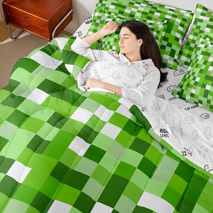 Castle Fairy Pixel Style Games 7 Piece Bedding Set Queen Size,Miner Theme Comforter & Sheet Sets Light Green Block Bed in a Bag Building Gaming Flat & Fitted Sheets,4 Pillow Covers