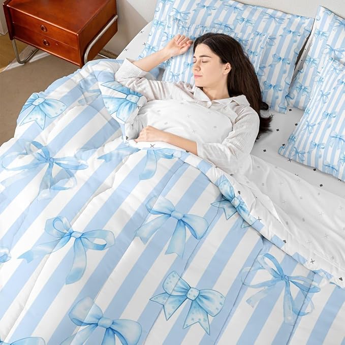 Erosebridal Bow Girls Cute White Blue King 7-Piece Comforter Set | Bowknot Kawaii Sheets and Pillowcases Stripe Bed in A Bag Geometric Bed Sets