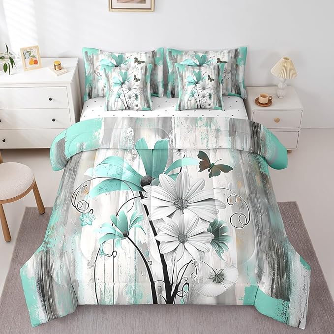 Feelyou Flower Comforter Set Queen Size 7 Pieces Vintage Floral Bedding Set for All Season Butterfly Garden Flower Bed in a Bag with Comforter, Sheets, Pillowcases & Cushion Cover