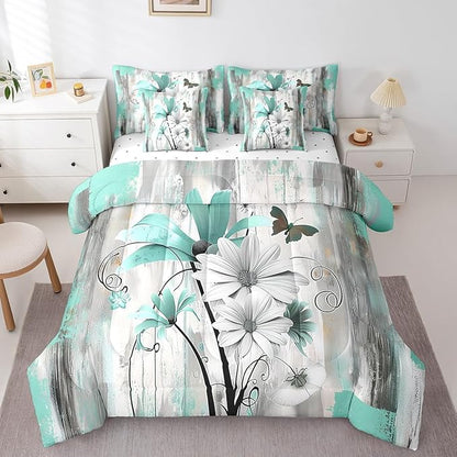 Feelyou Flower Comforter Set Twin Size 7 Pieces Vintage Floral Bedding Set for All Season Butterfly Garden Flower Bed in a Bag with Comforter, Sheets, Pillowcases & Cushion Cover