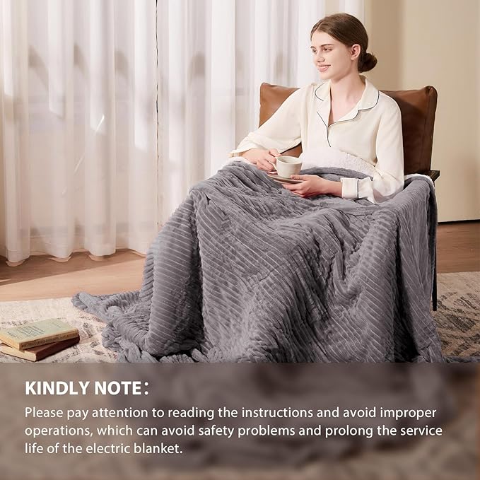 Homemate Heated Blanket Electric Throw - 50"x60" Heating Blanket Throw 1/2/4/6/8 Hours Auto-Off 10 Heat Levels Over-Heat Protection Soft Flannel Sherpa Heater ETL Certification