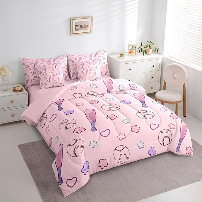Erosebridal Pink Baseball 7 Piece Comforter Set King | Girly Kawaii Floral Bed in A Bag Athletic Competitive Games Sheet Set Heart-Shaped Pattern Love Fitted Sheet Breathable Lightweight