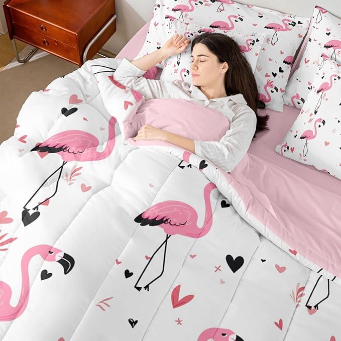 Erosebridal Kids Girls Bowknot Bow Flamingo Comforter Set Queen Size 7 Pieces | Black Pink Y2K Bed in A Bag Kawaii Cute Bed Set Love Hearts Bedding