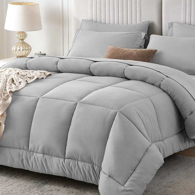 Sasttie Full Size Comforter Sets, 7 Pieces Bed in a Bag Full, Complete Bedding Set Includes Comforter, Flat Sheet, Fitted Sheet, Pillowcases and Pillow Shams, Light Grey