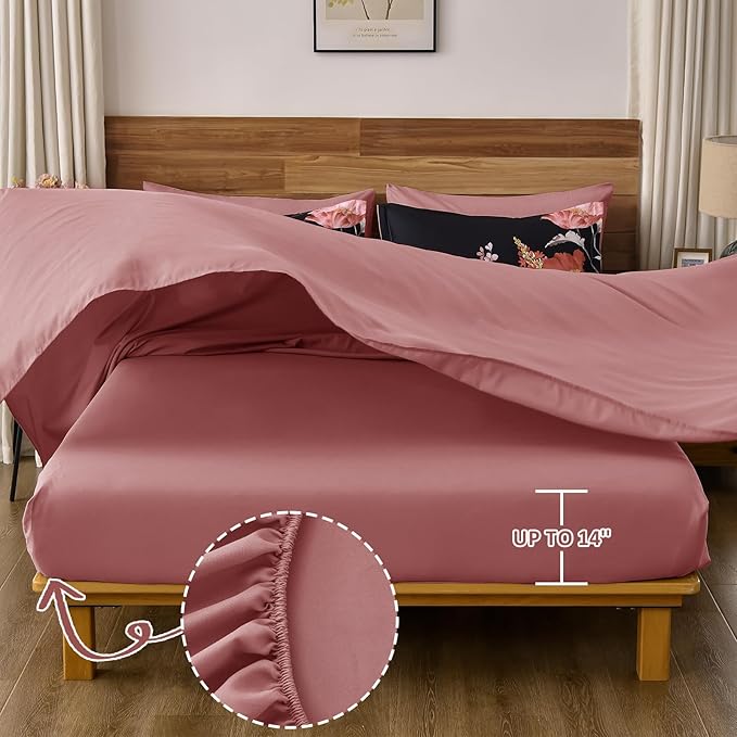 DJY Floral Queen Comforter Set - 7 Pieces Black & Blush Floral Bed in a Bag with Flower Leaves Pattern, Soft Microfiber Botanical Comforter and Sheet Set, All Season Bedding Set (90''x90'')