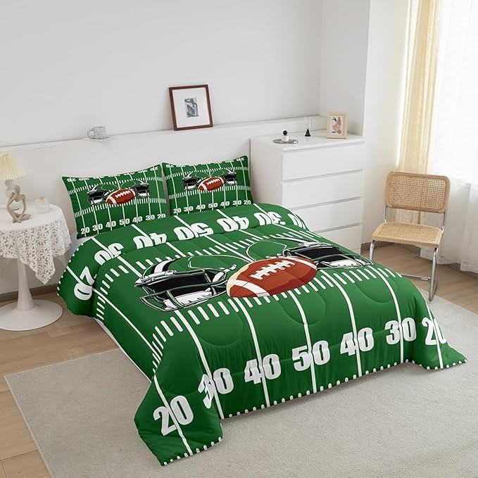 Feelyou Rugby Comforter Set Full Size Soccer Ball Game Comforter for Boys Girls Teens Football Bedding Set Gift for Football Lover Duvet Set Grass Green Quilt Set