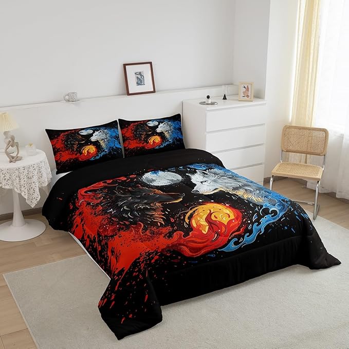 Yin Yang Bedding Comforter Sets Queen,Wolf Fighting White Black Bedding Set for Bedroom Decoration,Gothic Starry Galaxy Moon with 1 Comforter and 2 Pillow Cases Bedroom Decor