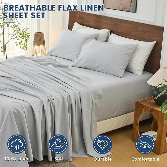Bedlifes 100% French Linen Sheets California King Size 18-24" Extra Deep Pocket 4-Piece Set Breathable & Moisture-Wicking,Soft & Durable Sheets for Thick Mattresses(Grey)