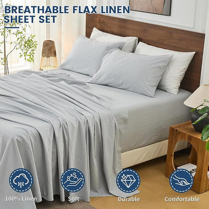 Bedlifes 100% French Flax Linen Sheets Set King Size - 6 Piece Extra Deep Pocket 18-24",Soft Breathable King Bed Sheets with Temperature Regulating & Moisture-Wicking(Grey