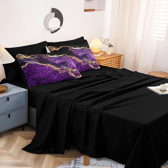 Black Gold Comforter Set 8 Pcs Purple Marble Bedding Set Full Size Bed in A Bag Stone Texture Abstract Room Decor