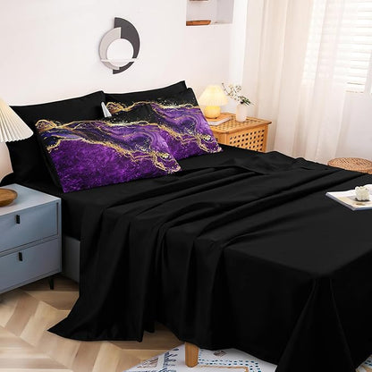 Black Gold Comforter Set 8 Pcs Purple Marble Bedding Set Full Size Bed in A Bag Stone Texture Abstract Room Decor