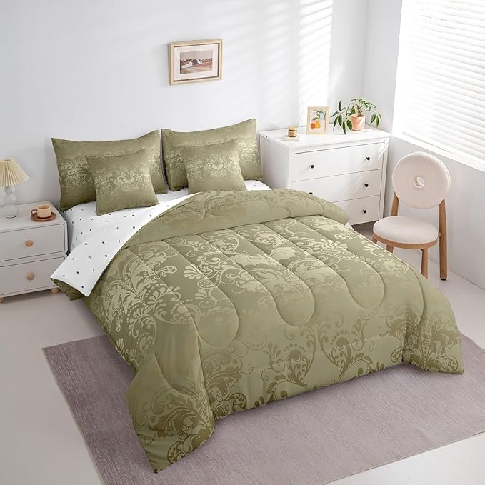 Erosebridal Gothic Damask Bed in a Bag Queen Comforter Set 7 Piece,Halloween Bat Bedding Sets Olive Grey Victorian Floral Goth Sheet Set with Comforter