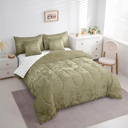 Erosebridal Gothic Damask Bed in a Bag Queen Comforter Set 7 Piece,Halloween Bat Bedding Sets Olive Grey Victorian Floral Goth Sheet Set with Comforter
