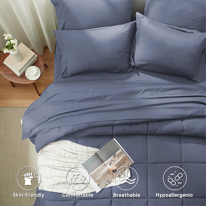 Anluoer King Comforter Set 7 Piece, Grayish Blue Bed in a Bag with Sheets, Comforters King Size Bedding Sets with 1 Comforter, 2 Pillow Shams, 2 Pillowcases, 1 Flat Sheet,1 Fitted Sheet