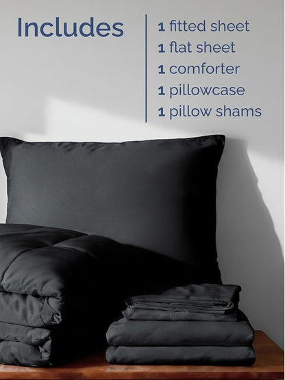 Twin Comforter Set - 5 Piece Bed in a Bag Twin Size Bed Set - Down Alternative Comforter, Flat Sheet, Fitted Sheet, Pillowcase & Sham for All Seasons - Ultra Soft, Cozy, Comfy and Breathable - Black