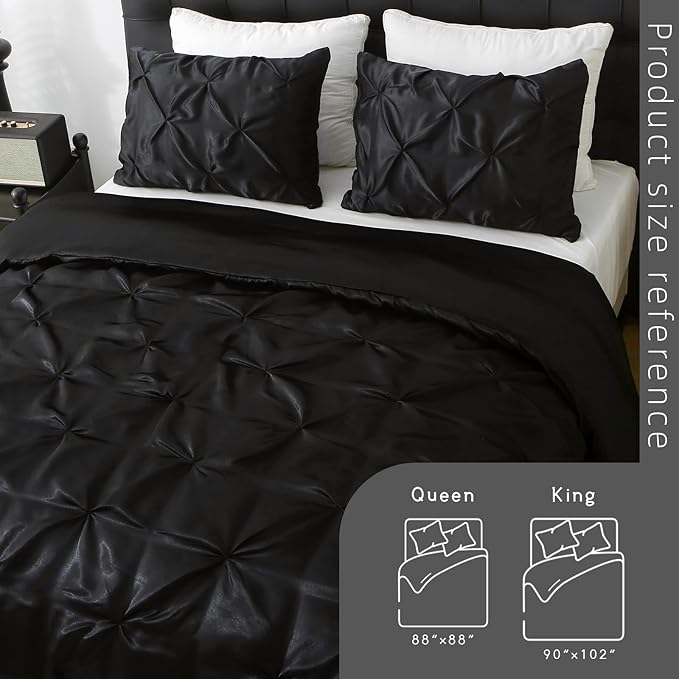 Satin Comforter Set Queen Size, 3-Piece Black Pinch Pleat Bedding Sets, Comforter, Pillowcases, Offering Exceptionally Soft and Smooth Comfort for All Season Use