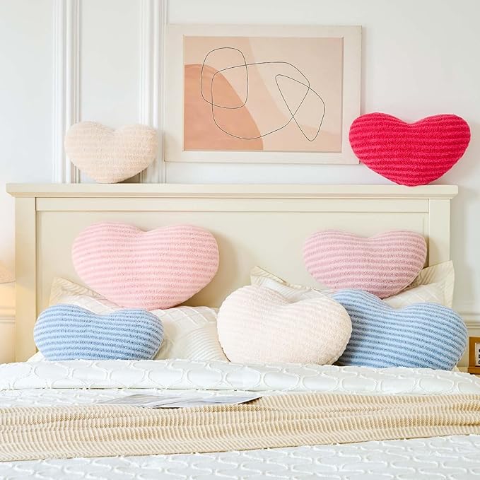 Dusty Pink Heart Pillows, 15.7" Cute Heart Decorative Pillow, Stripe Heart Shaped Plush Throw Pillows for Bed